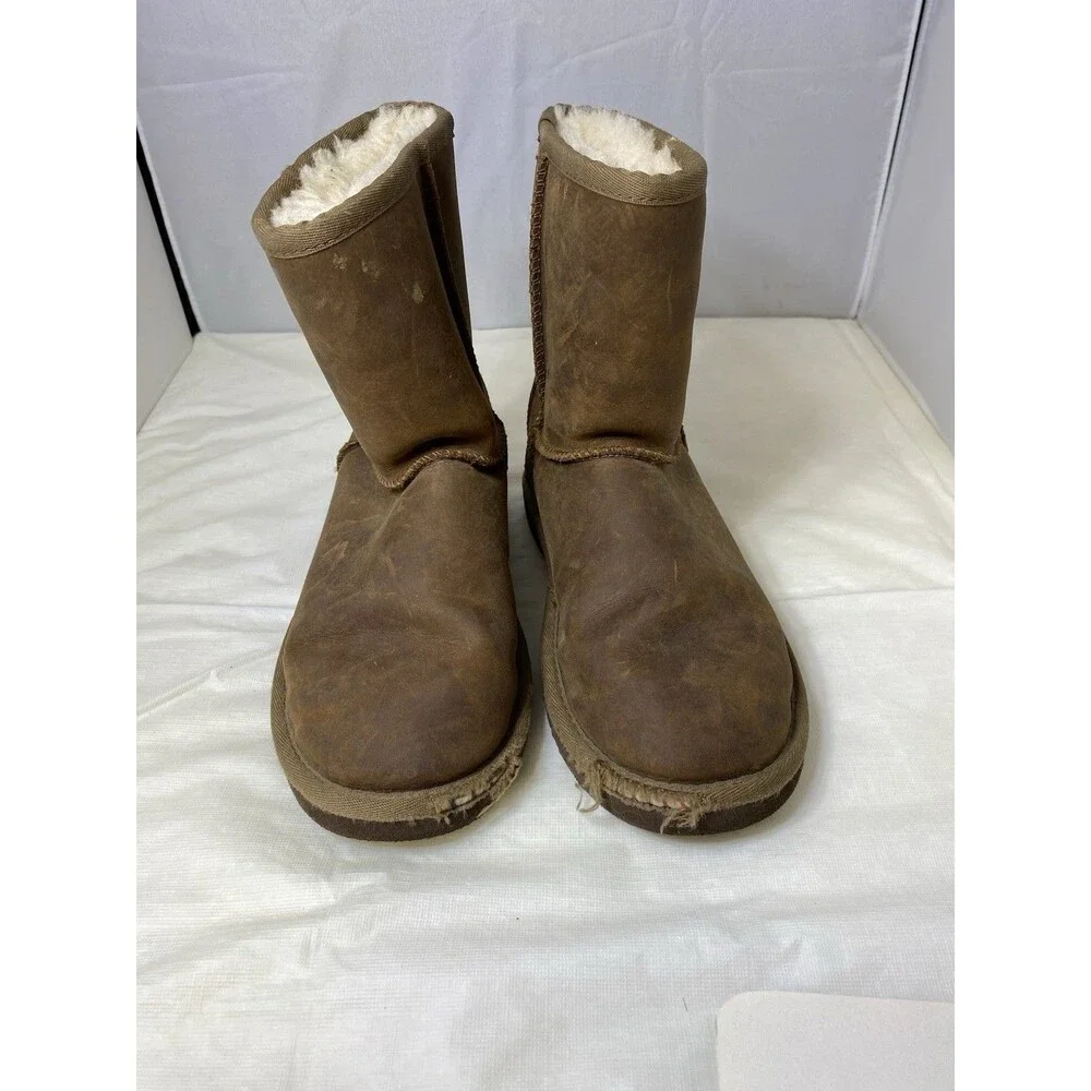 Ugg Unisex Kids Leather Shearling Lined Snow Boots Brown Youth Size 2